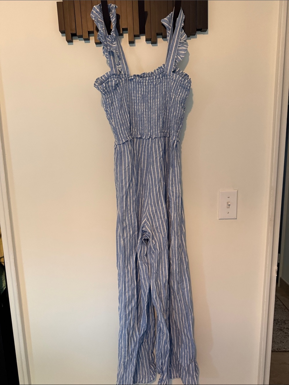 H&M Light Blue and White Striped Smocked Jumpsuit